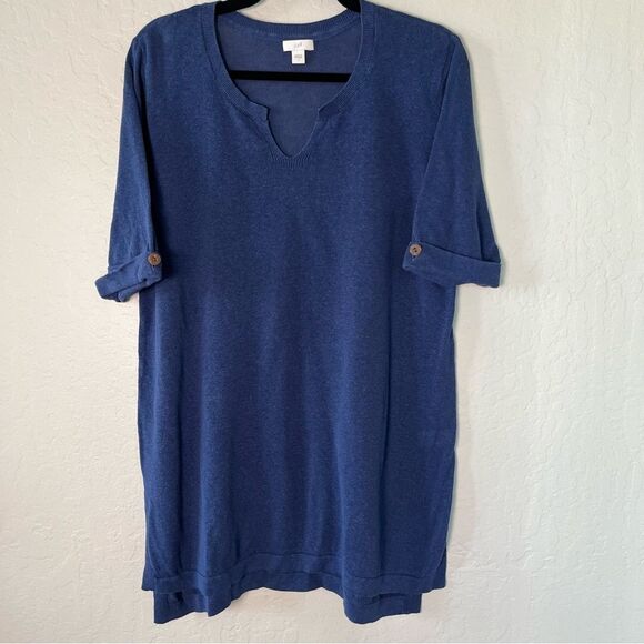 J Jill Linen Blend Blue V-neck Womens Large Knit 3/4 Sleeve Tunic - Picture 1 of 6